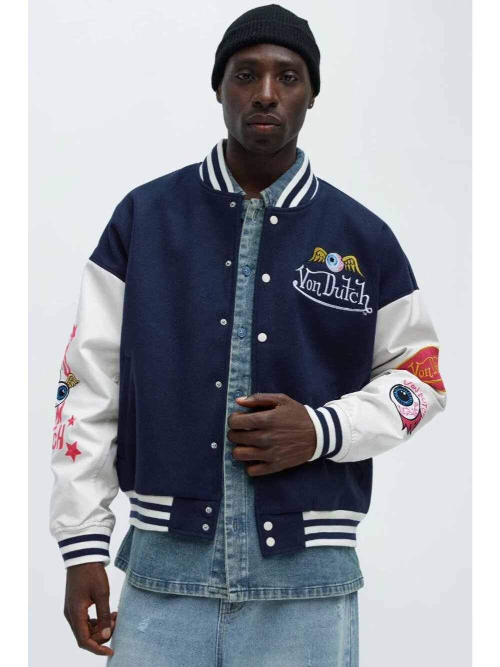 Von Dutch Men Bomber Jacket Eyeball Print Puffer Navy Size Large